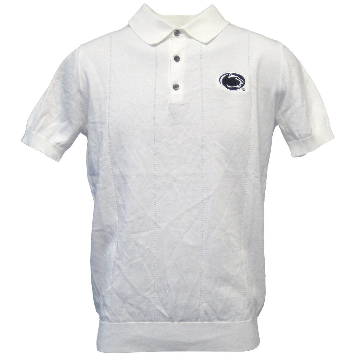 white cotton/silk polo shirt with embroidered Penn State Athletic Logo on left chest